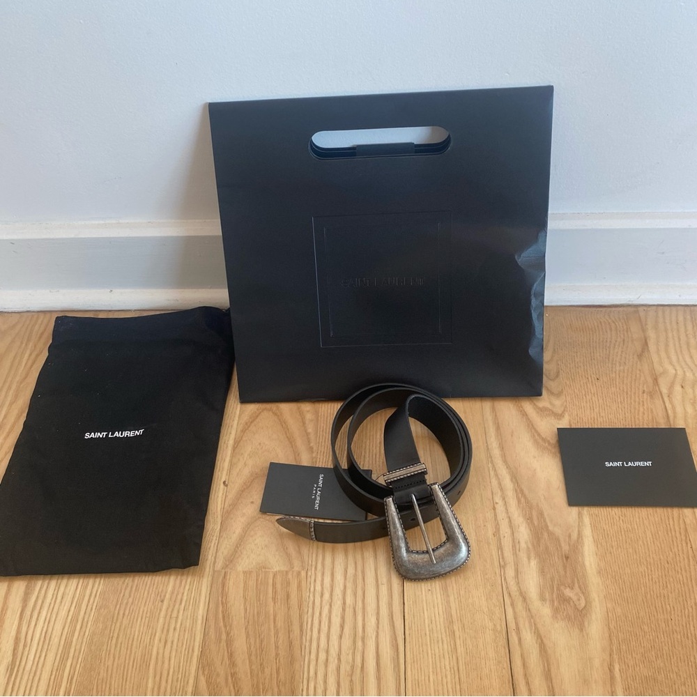 Saint Laurent SS21 YSL Black Leather Folk Western Buckle Belt Khaite Paris XL